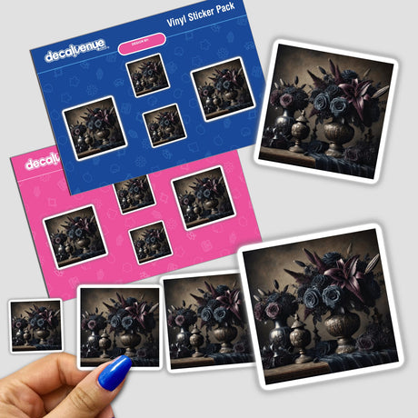 Hand holding a sticker pack titled Gothic Baroque - Dark Floral Arrangements in Ornate Vases, showcasing intricate floral designs in decorative vases.