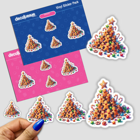 Gingerbread Men Christmas Tree stickers featuring festive gingerbread men and candy canes, ideal for adding a seasonal touch to your projects. Available as stickers or digital artwork.