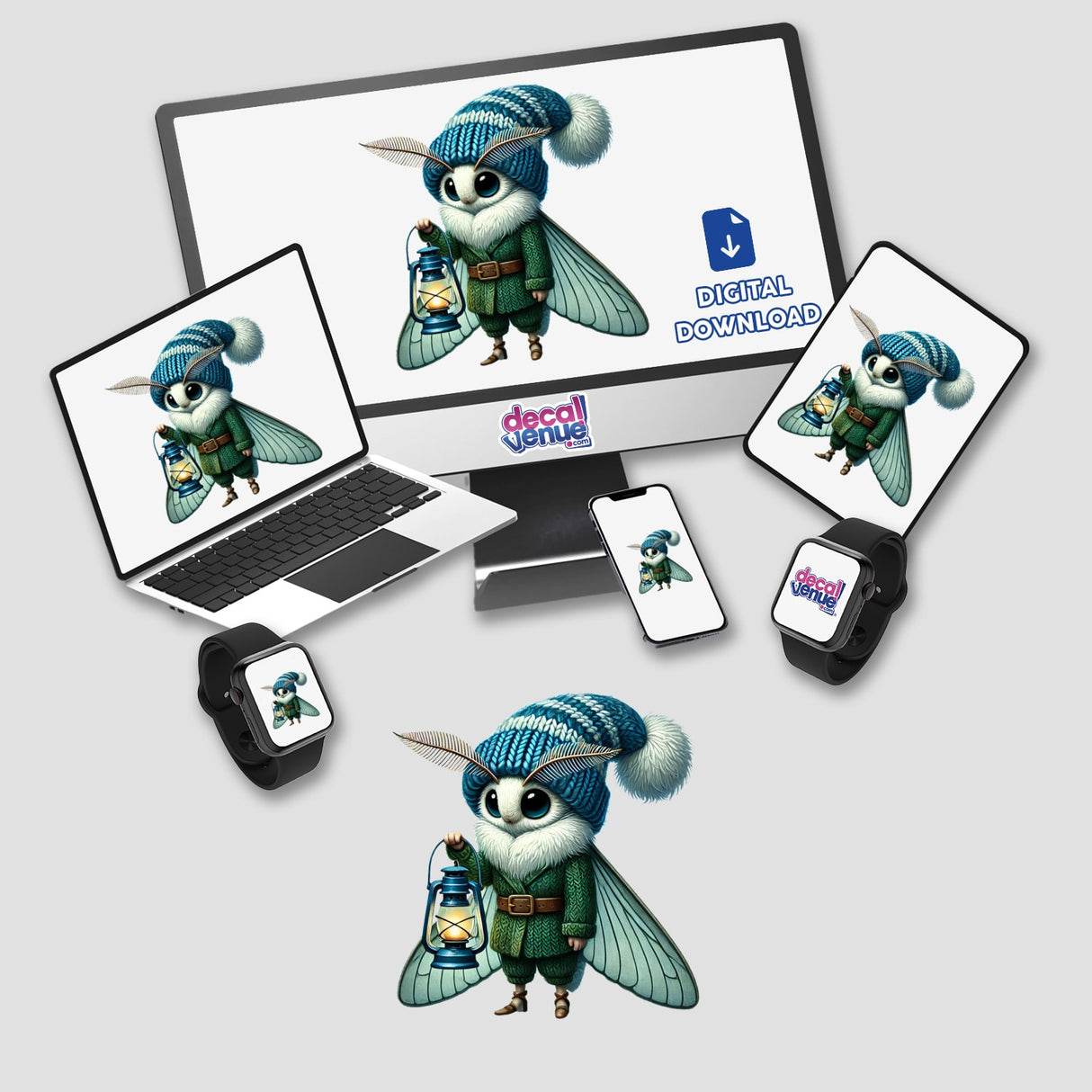 Moth Gnome with Lantern design displayed on a computer monitor and laptop screen, featuring a whimsical cartoon character perfect for holiday crafts and DIY projects.