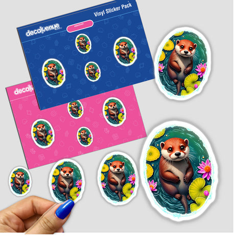Cute Otter In The Water sticker featuring playful otters and flowers in a cartoon style, perfect for adding charm to surfaces or as digital artwork.