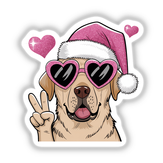 Pink Santa Lab Labrador Dog Peace Sign features a dog in a Santa hat and pink heart-shaped sunglasses, available as unique stickers or digital artwork from Decal Venue.