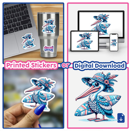 Pelican in Summer Beach Hat with Surfboard