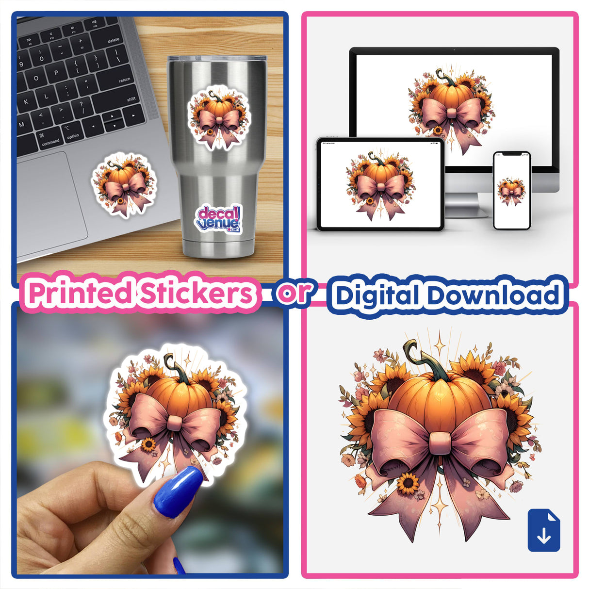 Collage featuring Fall Sunflowers Pumpkins and Coquette Bow stickers, including close-ups of a pumpkin with a bow and flowers, a decal, and a laptop with a sticker.