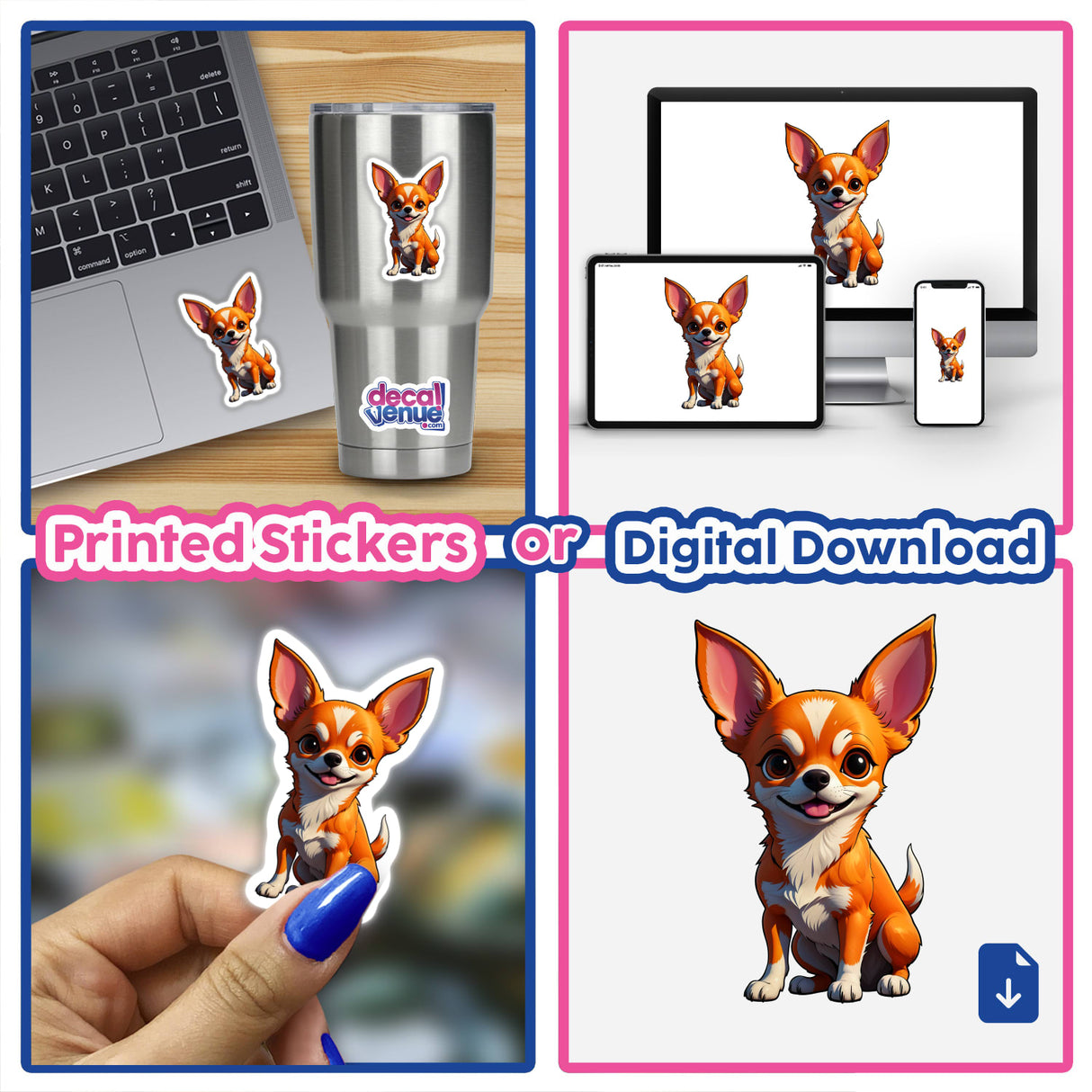 A Cute Chihuahua sticker collage featuring a cartoon dog with big ears, designed for laptops or cups, offered as stickers or digital artwork from Decal Venue.