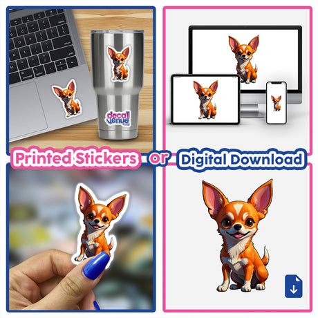 A Cute Chihuahua sticker collage featuring a cartoon dog with big ears, designed for laptops or cups, offered as stickers or digital artwork from Decal Venue.