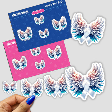 White Awareness Ribbon with Wings sticker, featuring delicate winged ribbons, with a close-up of a hand holding a sticker pack, showcasing the unique vinyl design from Decal Venue.