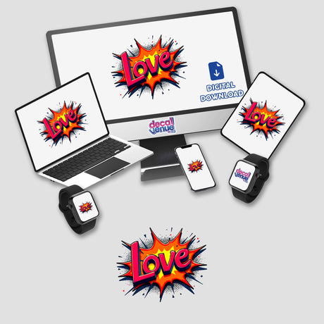 Love Valentine's Day-themed digital artwork featuring a computer monitor, laptop, and smartphone, available as stickers or digital downloads, emphasizing unique and creative designs from Decal Venue.