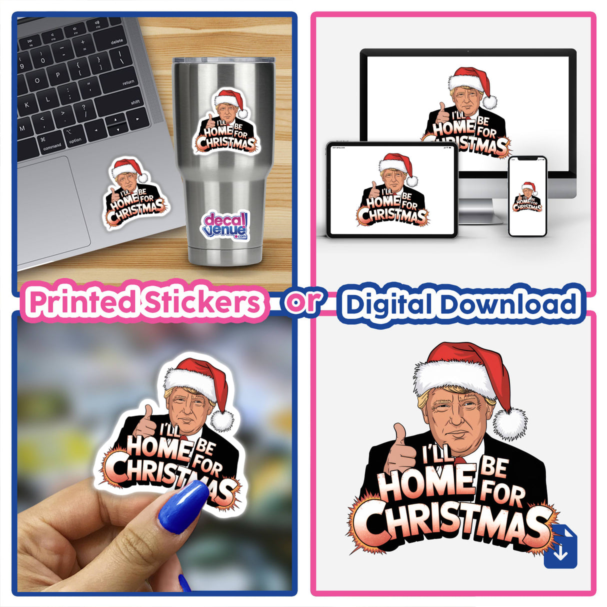 Trump in Santa Hat, I'll be Home for Christmas MAGA II features a collage of a man in a Santa hat, available as stickers or digital artwork, perfect for holiday-themed decorations.