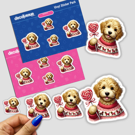 Watercolor Goldendoodle Dog Sweater and Lollipop sticker pack featuring cartoon dogs holding lollipops, available as stickers or digital artwork. Perfect for fans of unique, whimsical designs.