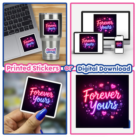 Collage featuring the Forever Yours Radiant Neon Text digital artwork and stickers, highlighting a vibrant laptop with neon text design, reflecting Decal Venue's unique vinyl and digital art offerings.
