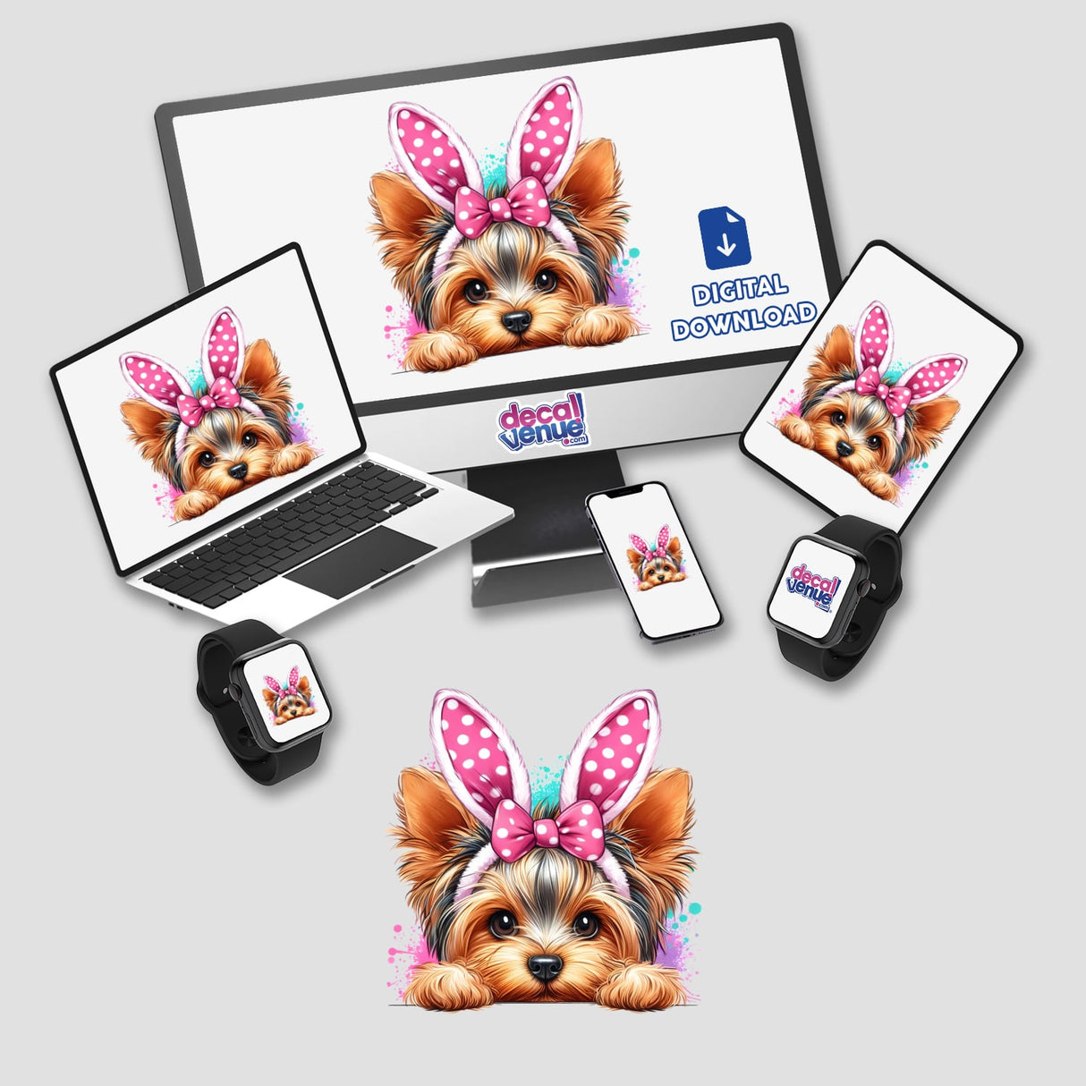 Peeking Easter Bunny Yorkie Dog on a computer monitor, laptop, and smartwatch, showcasing the playful digital artwork available as stickers or digital art from Decal Venue.