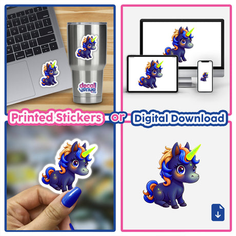 Collage featuring the Cute And Magical Pony Unicorn as stickers and digital art, showcasing playful unicorn cartoons on laptops and cups, reflecting Decal Venue's unique sticker and digital art offerings.