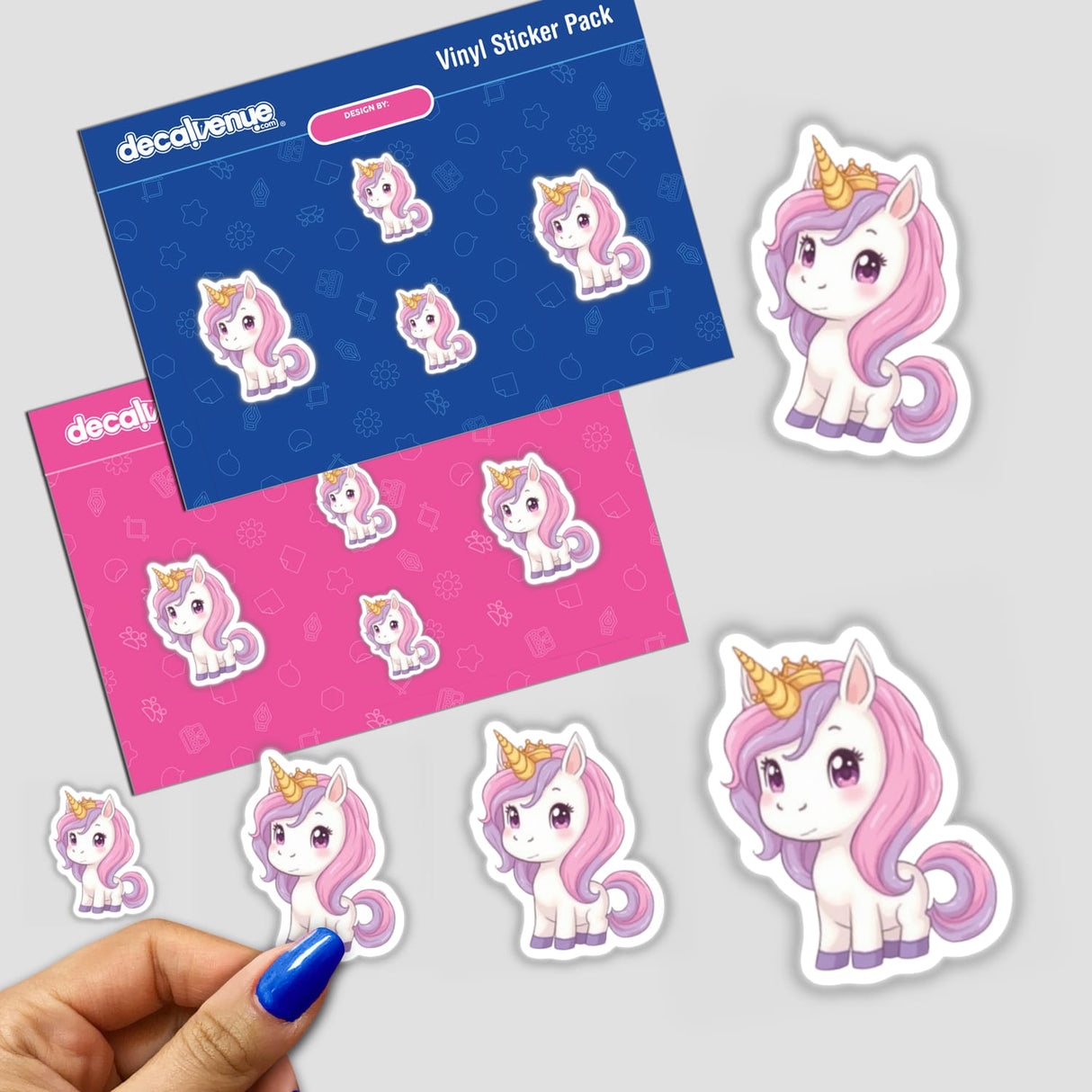 Chibi Unicorn Princess Sticker featuring a cute magical unicorn decal. Displayed among other unicorn-themed stickers, this whimsical clipart perfectly embodies Decal Venue's unique sticker and digital art offerings.