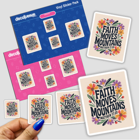 Faith Moves Mountains Matthew 17:20 Sticker or Clipart, featuring floral designs and text, is showcased. Available as stickers or digital artwork, it offers commercial rights for design versatility.