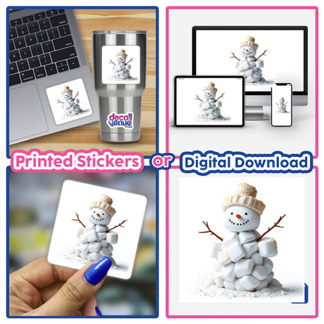 Marshmallow Snowman collage featuring various marshmallow snowman designs on laptops and mugs, showcasing unique stickers and digital artwork available at Decal Venue.