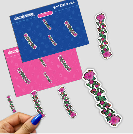 Pink_flowers stickers featuring floral designs, shown in close-up on a person's finger, highlighting their intricate details. Available as physical stickers or digital artwork from Decal Venue.