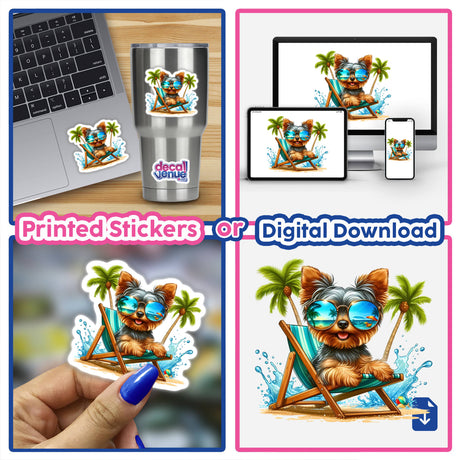 Peeking Yorkie Dog Sitting in Beach Chair featured as a vinyl sticker or digital artwork, showcasing a cute Yorkie wearing sunglasses, perfect for adding a playful touch to your belongings.