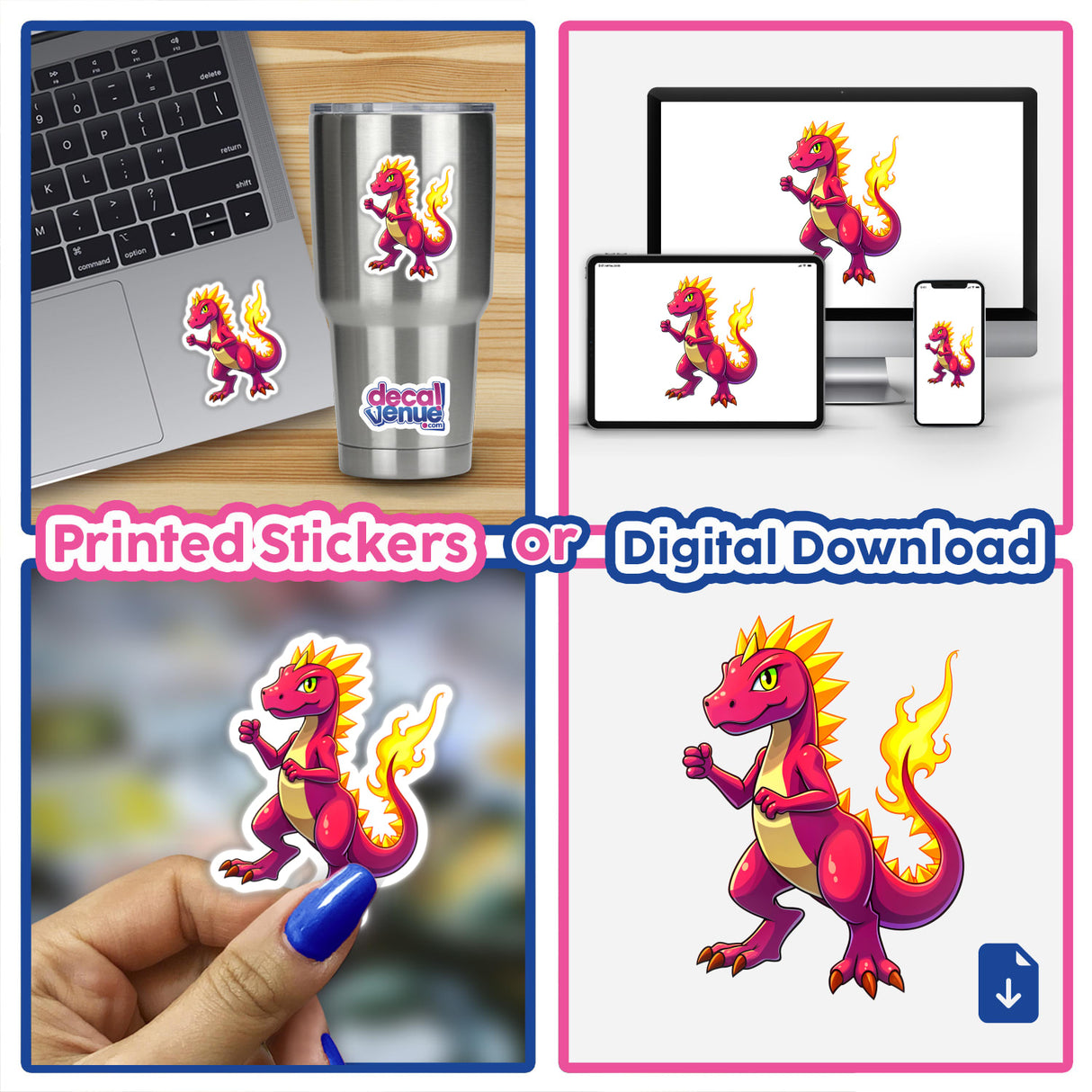 Dino Fighter - Blaze Tyranno collage featuring cartoon dragons on stickers and digital artwork, including a dragon on a laptop, and a sticker on a cup.