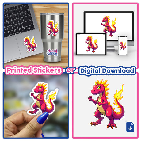 Dino Fighter - Blaze Tyranno collage featuring cartoon dragons on stickers and digital artwork, including a dragon on a laptop, and a sticker on a cup.