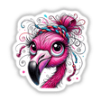 Flamingo with Messy Bun Hair Braided Yarn, a cartoon illustration featuring a flamingo with colorful, yarn-braided hair, available as stickers and digital art from Decal Venue.