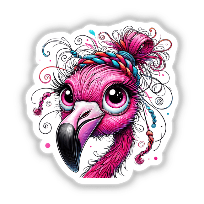 Flamingo with Messy Bun Hair Braided Yarn, a cartoon illustration featuring a flamingo with colorful, yarn-braided hair, available as stickers and digital art from Decal Venue.