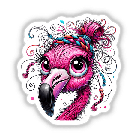 Flamingo with Messy Bun Hair Braided Yarn, a cartoon illustration featuring a flamingo with colorful, yarn-braided hair, available as stickers and digital art from Decal Venue.