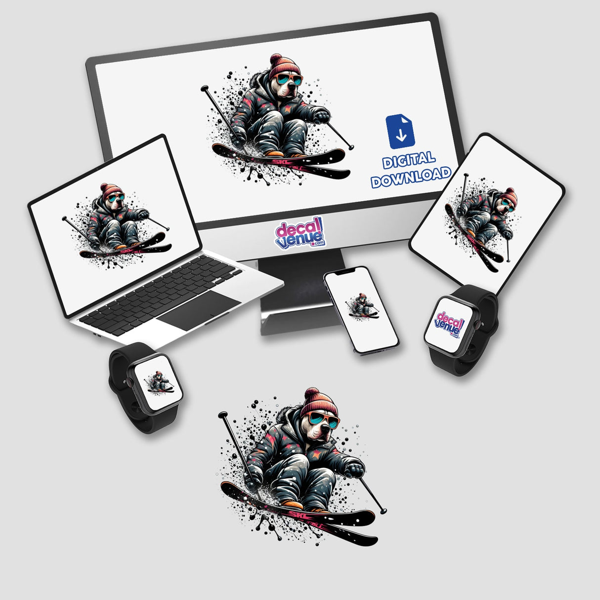 Pitbull Dog Skier sticker featuring a cartoon dog in sunglasses and a hat, skiing. Available as stickers or digital artwork, perfect for adding a unique flair to your devices.