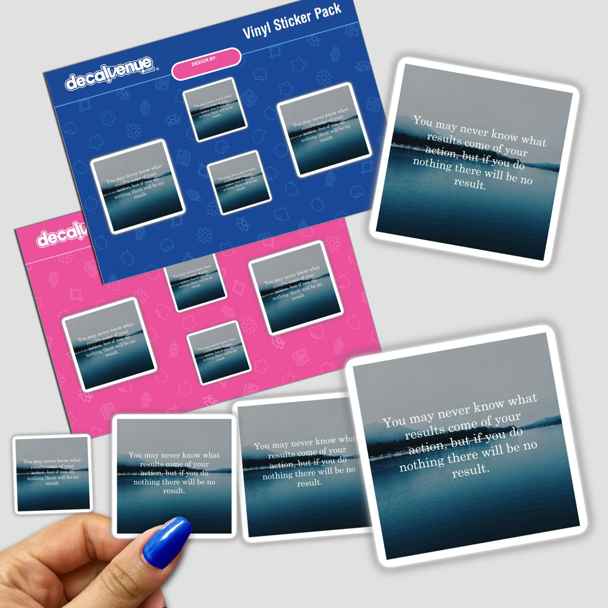 You may never know what results come of your action, but if you do nothing there will be no result. Motivational quote over a serene lake and mountain landscape, available as stickers or digital artwork.