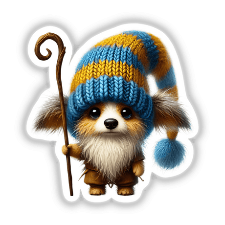 Australian Shepherd Gnome with Staff wearing blue and yellow knitted hat, perfect for stickers and digital art prints.