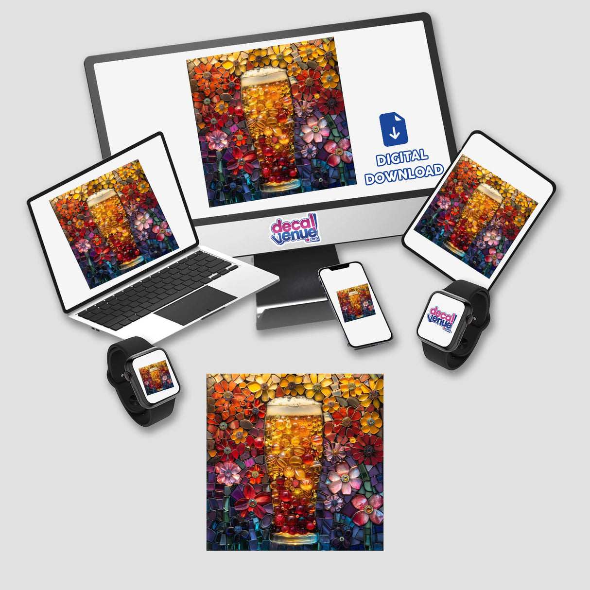 Beer Mosaic Jewels artwork on laptop and monitor screens, featuring a detailed glass of beer with floral accents. Available as stickers or digital artwork from Decal Venue.
