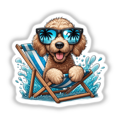 Peeking Golden Doodle Sitting in Beach Chair: A cartoon dog wearing sunglasses, seated comfortably in a chair. Available as unique stickers or digital artwork from Decal Venue.