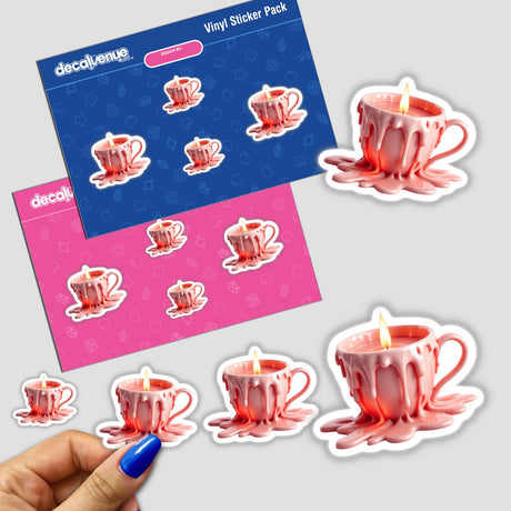Sticker pack featuring the Teacup Dripping Candle Wax design, showcasing pink candles in teacups. Available as stickers or digital artwork from Decal Venue's unique collection.