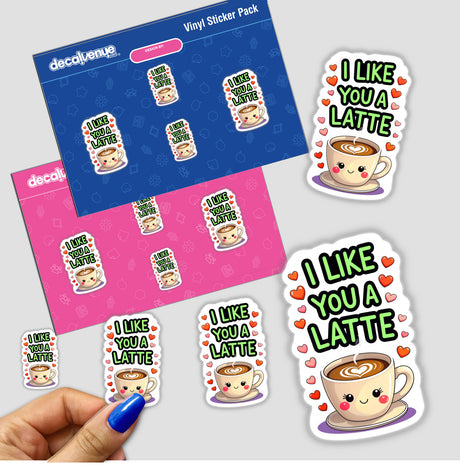 I Like You A Latte Funny Love Quote sticker set features whimsical cartoon coffee cups with heart-shaped foam, ideal for adding charm to planners or digital projects.