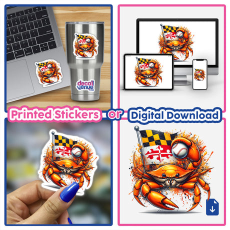 Maryland Steamed Baseball Blue Crab Splatter sticker, featuring a cartoon crab holding a baseball and a flag, suitable for laptops and phones, available as stickers or digital artwork.