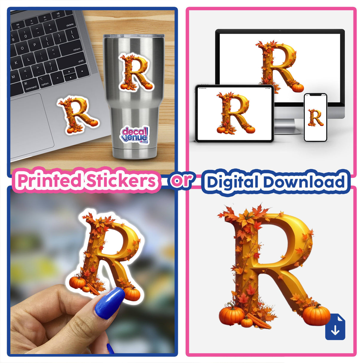 Fall Aesthetic Letter R Clipart | Stickers or Download with Commercial Rights featuring pumpkins and leaves, shown on various items like laptops and nails.