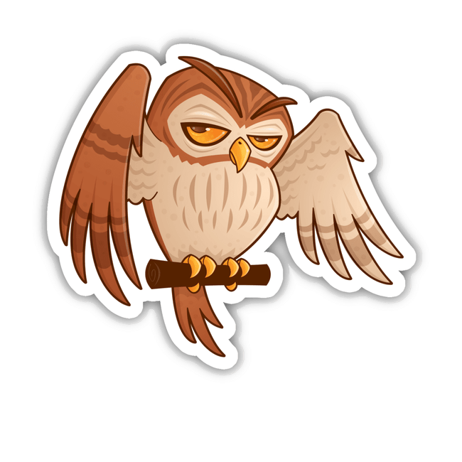 Mister Owley sticker depicting a cartoon owl with vivid yellow eyes and an axe, available individually or in a sticker pack from Decal Venue's unique collection of digital art decals.