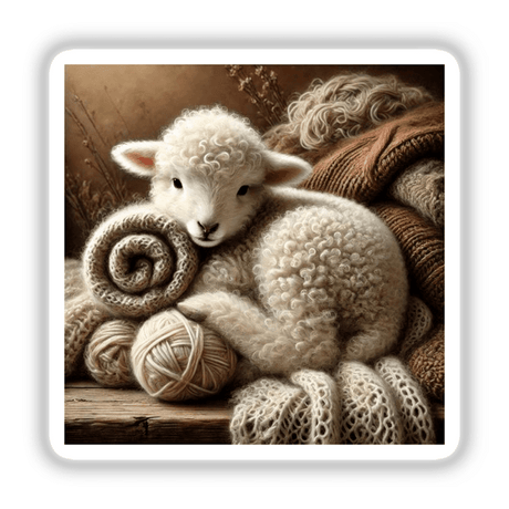 Lamb on Knitted Scarves: A baby sheep lying on a blanket, available as stickers or digital artwork at Decal Venue.