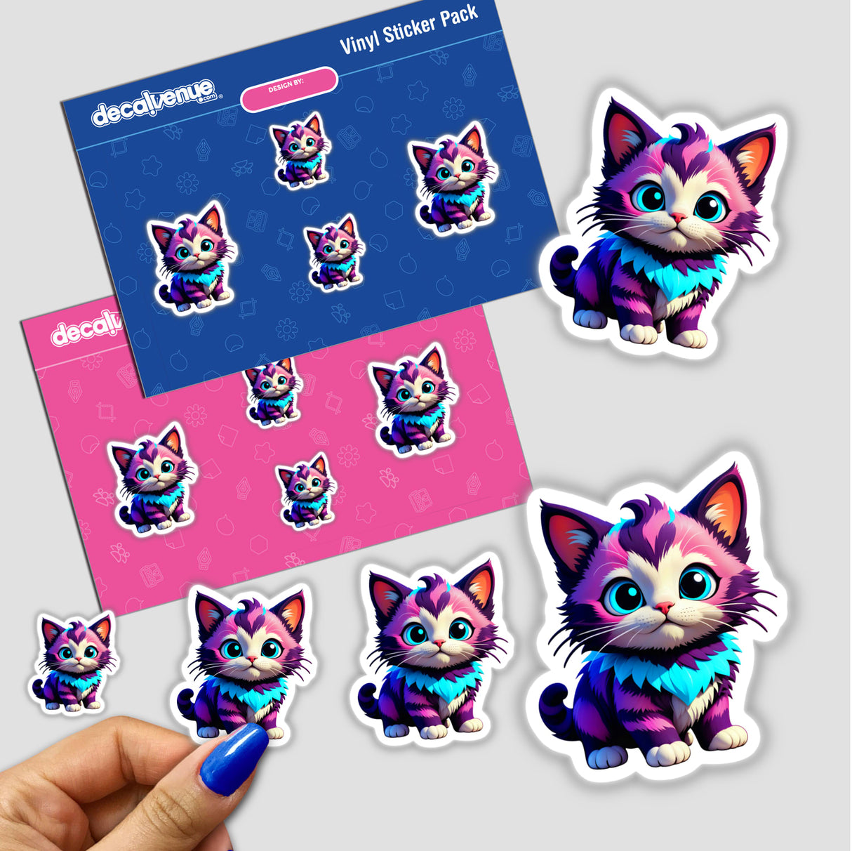 A Cute Little Kitten sticker pack featuring cartoon cats with blue eyes, suitable for both physical stickers or digital art, from Decal Venue's collection of unique vinyl stickers and digital art.
