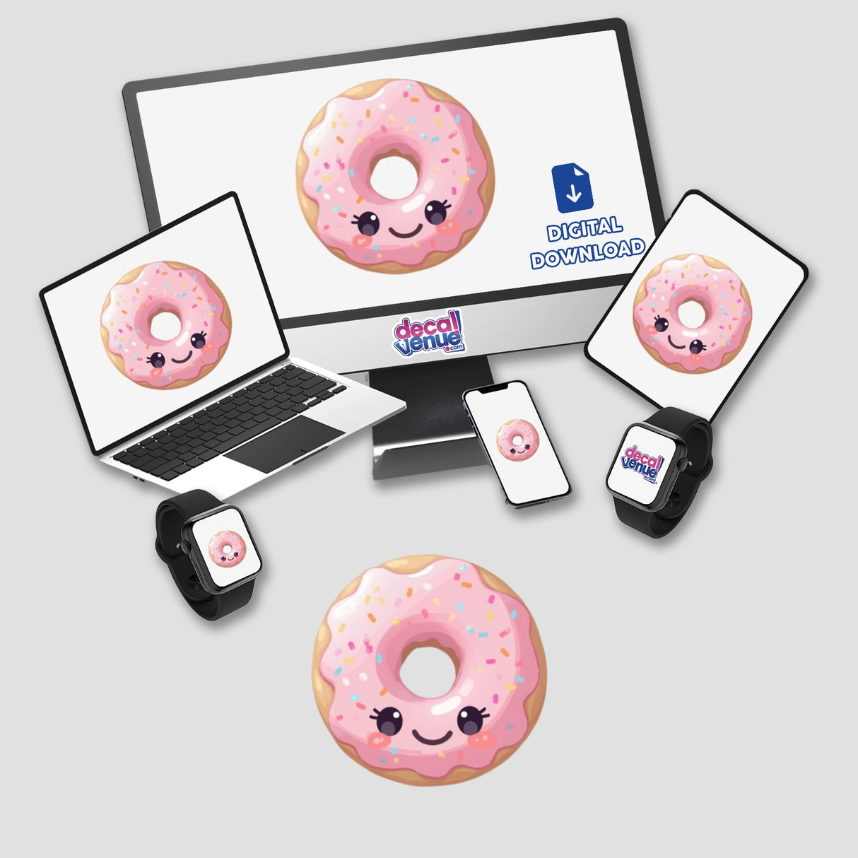 Kawaii Donut Sticker featuring a cute pink frosted donut, available as a decal or food clipart with commercial rights, perfect for National Donut Day.