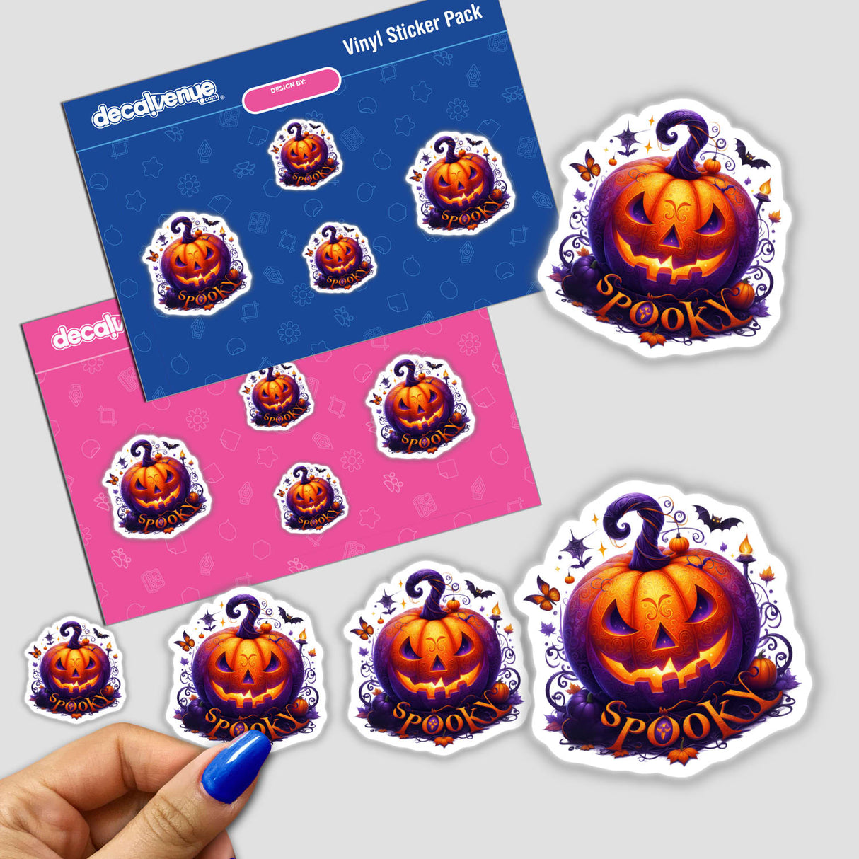 Vivid Spooky Halloween Pumpkin sticker pack featuring detailed pumpkin designs, including carved faces, held by a hand. Available as stickers or digital artwork from Decal Venue.