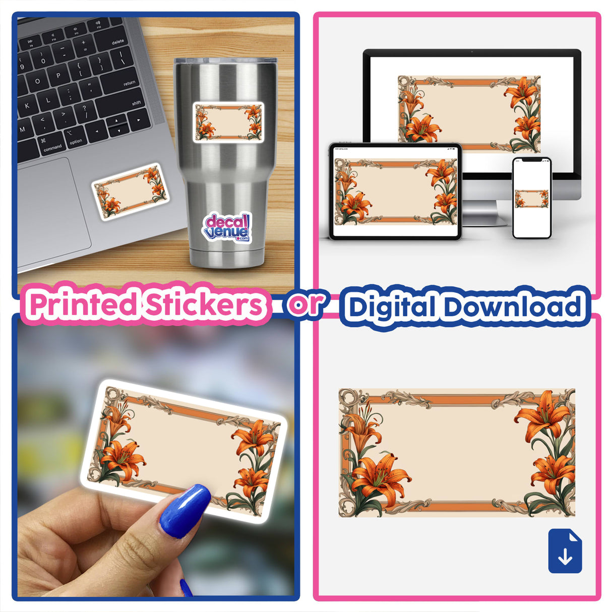 Aesthetic Floral Clipart Label with blank space for quotes, shown on a laptop with a rectangular sticker; available as stickers or digital artwork with commercial rights.