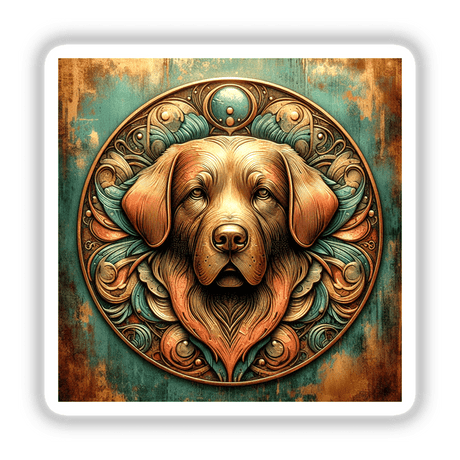 Golden Retriever Medallion: Detailed digital artwork showcasing a majestic golden retriever dog within an ornate, ornamental frame on a rustic, textured background.