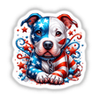 Patriotic Pitbull Pup - Colorful digital artwork of an adorable pitbull dog with a star-spangled pattern, surrounded by swirls, stars, and other patriotic design elements.