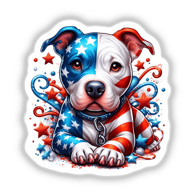 Patriotic Pitbull Pup - Colorful digital artwork of an adorable pitbull dog with a star-spangled pattern, surrounded by swirls, stars, and other patriotic design elements.