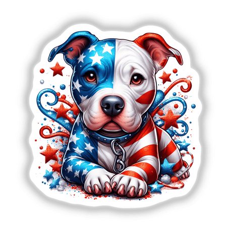 Patriotic Pitbull Pup - Colorful digital artwork of an adorable pitbull dog with a star-spangled pattern, surrounded by swirls, stars, and other patriotic design elements.