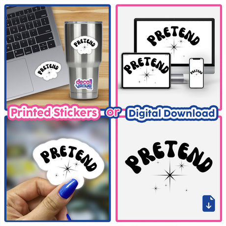 Collage featuring laptops adorned with Pretend-themed stickers or digital artwork, highlighting Decal Venue's unique offerings in tech-inspired designs.