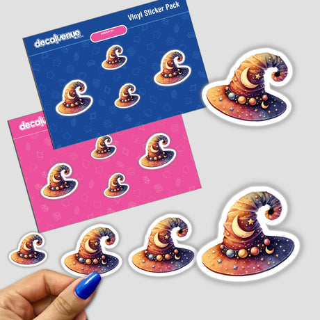 Halloween Hat with Stars and Moons sticker featuring a cartoon wizard hat adorned with stars and moons, captured in a close-up alongside a finger for size reference. Available as stickers or digital artwork.