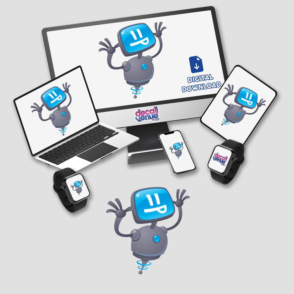 Razzbot cartoon character displayed on a computer monitor and laptop, featured in Decal Venue's unique sticker collection, available as part of a sticker pack or individually.