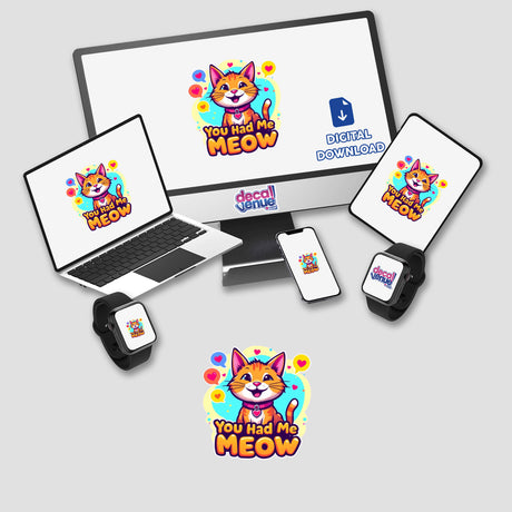Valentine Cat stickers or digital artwork displayed on a monitor and laptop, featuring a cartoon cat with hearts; also visible on a phone, smartwatch, and a keyboard close-up.