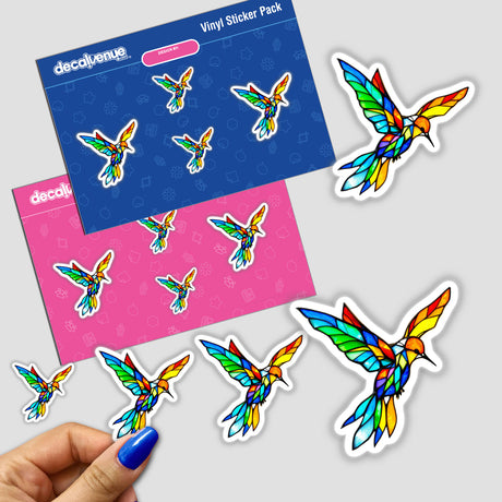 Hummingbird Stained Glass Style sticker depicting a vibrant bird in flight, available as a sticker or digital artwork, showcasing Decal Venue's unique artistry.